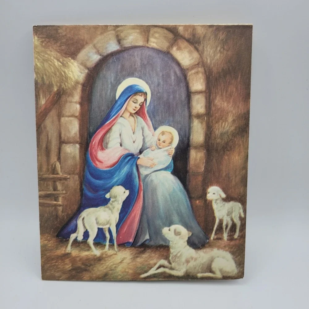 Vintage Mary Jesus Lambs Christmas Card‎ Unused Religious Art Frameworthy